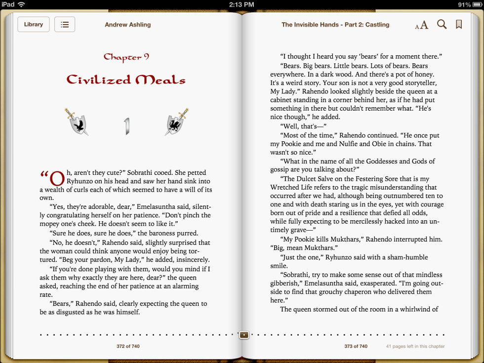 Screenshot taken on iPad of pages 372 & 373 of Dark Tales of Randamor the Recluse - Book 5, The Invisible Hands - Part 2: Castling by Andrew Ashling