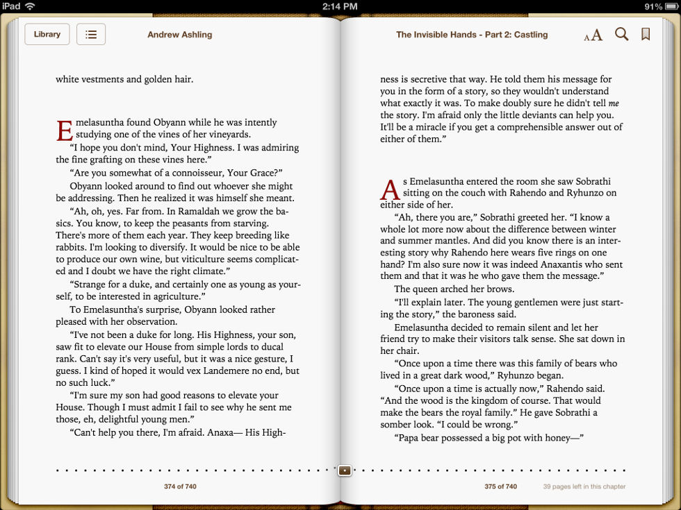 Screenshot taken on iPad of pages 374 & 375 of Dark Tales of Randamor the Recluse - Book 5, The Invisible Hands - Part 2: Castling by Andrew Ashling