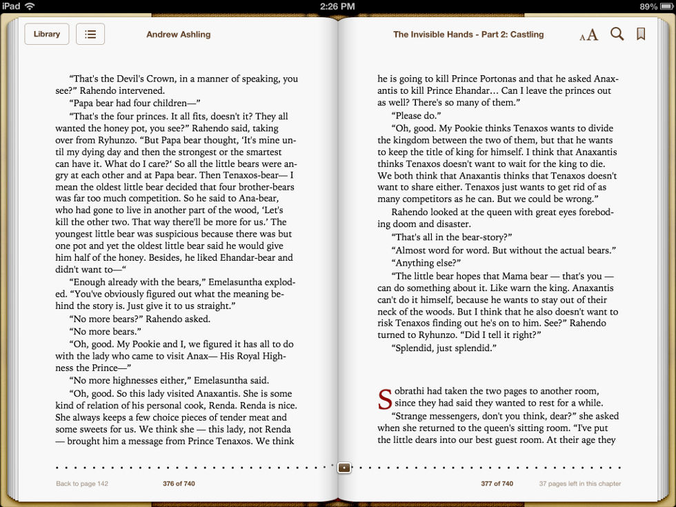 Screenshot taken on iPad of pages 376 & 377 of Dark Tales of Randamor the Recluse - Book 5, The Invisible Hands - Part 2: Castling by Andrew Ashling